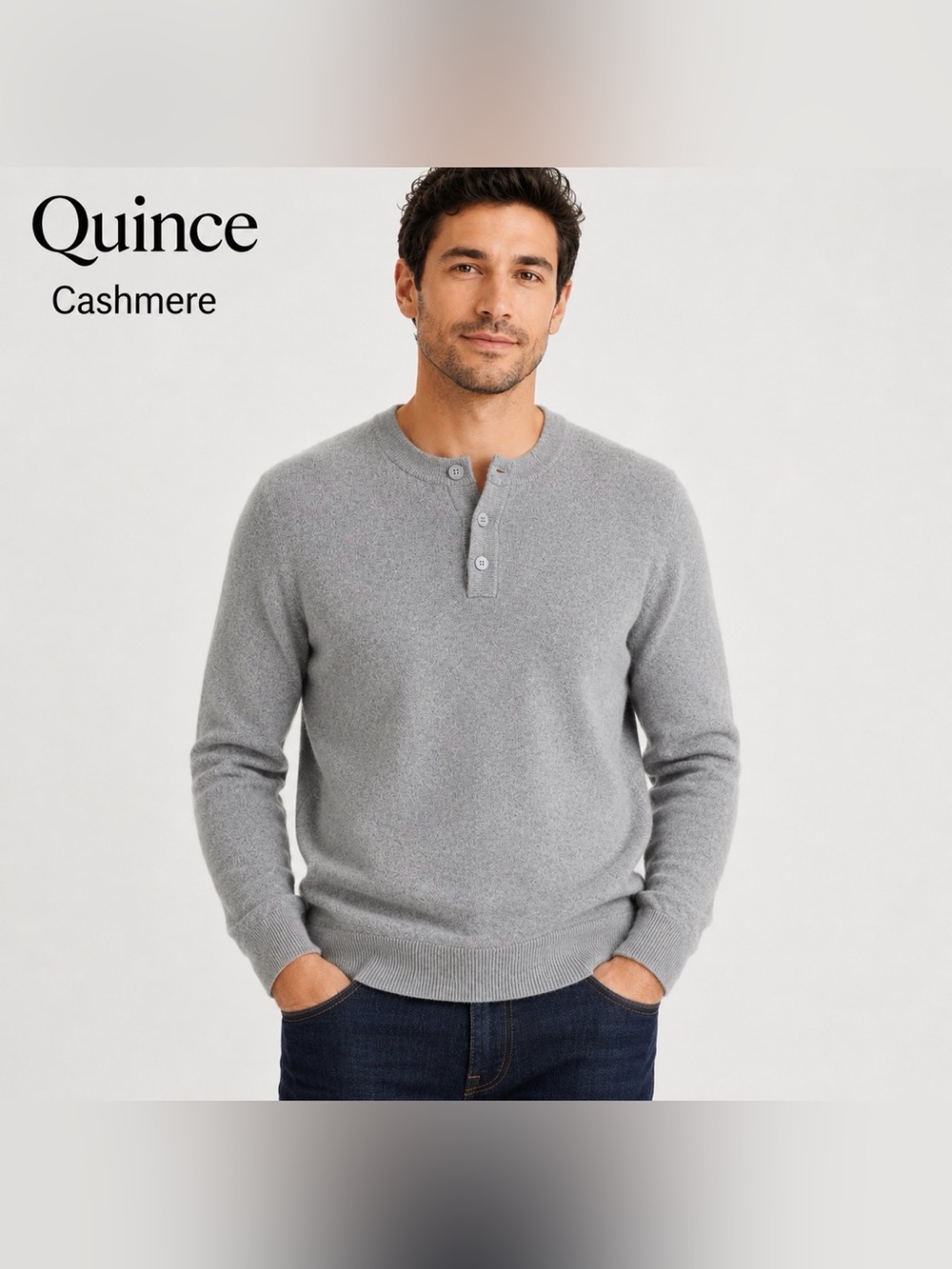Quince 100% Mongolian Cashmere Henley Sweater Heather Gray Men's M Quiet Luxury